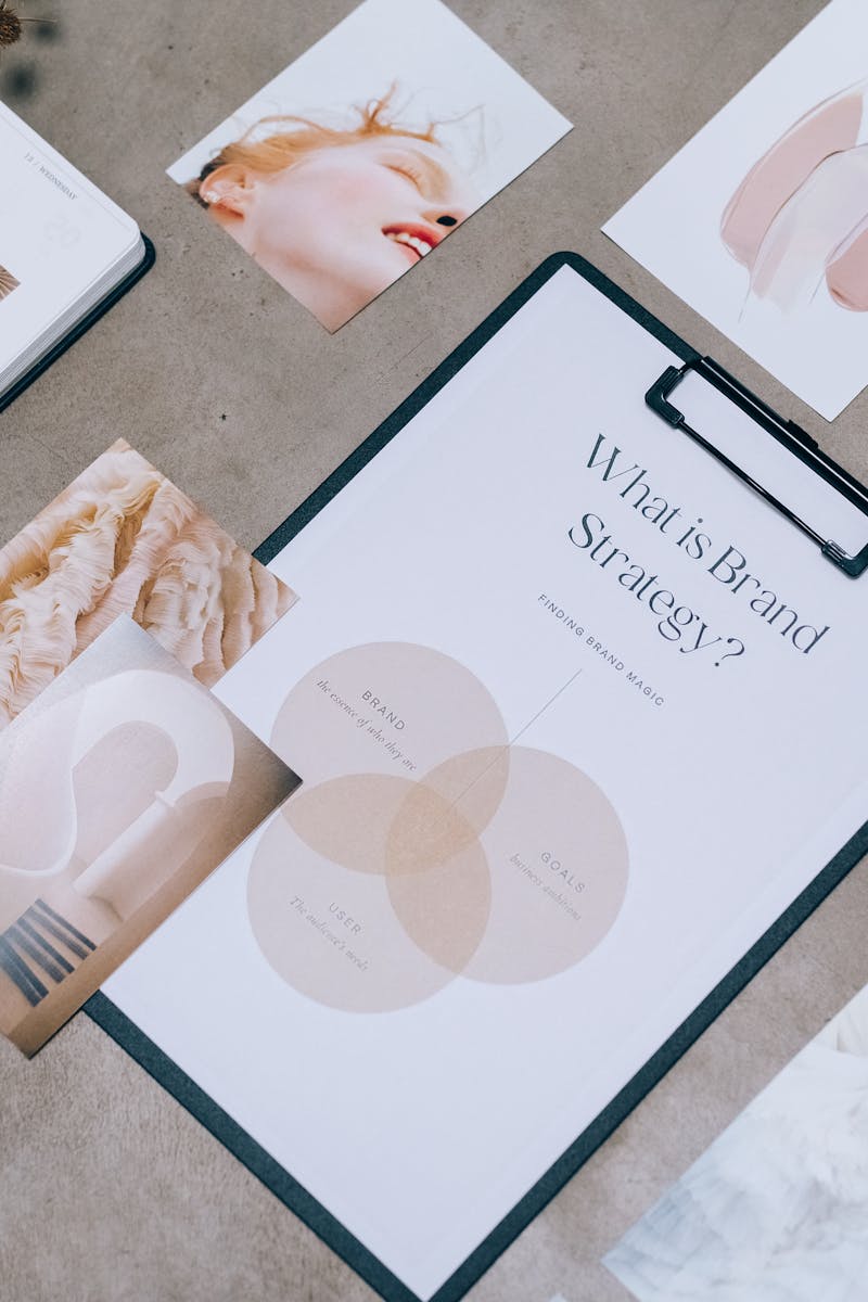 Flat lay showing branding materials and design concepts for creative strategy discussions.